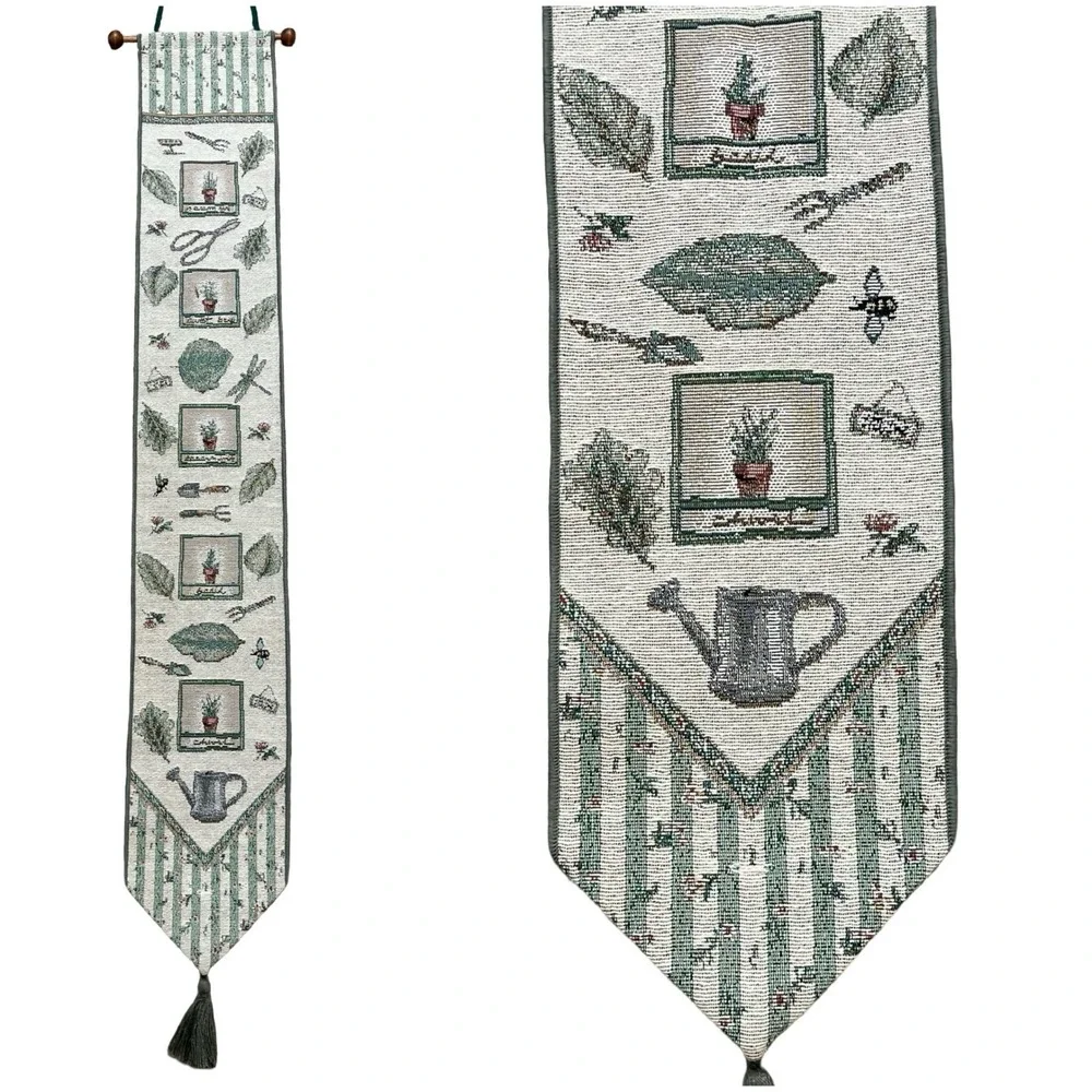 Vintage Tapestry Wall Hanging Garden Herbs Botanical Green Woven Tassel Cottage